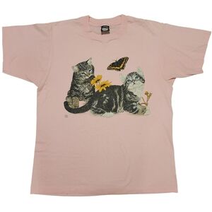 Vintage 90s 1992 Kittens Flowers Butterfly Pink Cotton Blend Tee Shirt